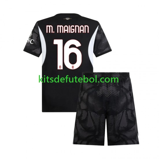 Camisola de Guarda-redes AC Milan Preto Mike Maignan 16 Criança Equipamento principal 2024-2025 Mangas Curtas