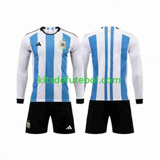 Camisola Seleção da Argentina 3 Stars Criança Equipamento principal Mundial 2022 Mangas Compridas