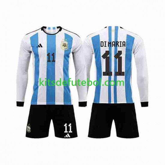 Camisola Seleção da Argentina 3 Stars Di Maria 11 Criança Equipamento principal Mundial 2022 Mangas Compridas