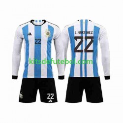 Camisola Seleção da Argentina 3 Stars Lautaro Martinez 22 Criança Equipamento principal Mundial 2022 Mangas Compridas