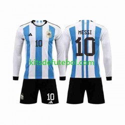 Camisola Seleção da Argentina 3 Stars Lionel Messi 10 Criança Equipamento principal Mundial 2022 Mangas Compridas