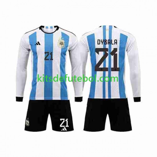 Camisola Seleção da Argentina 3 Stars Paulo Dybala 21 Criança Equipamento principal Mundial 2022 Mangas Compridas