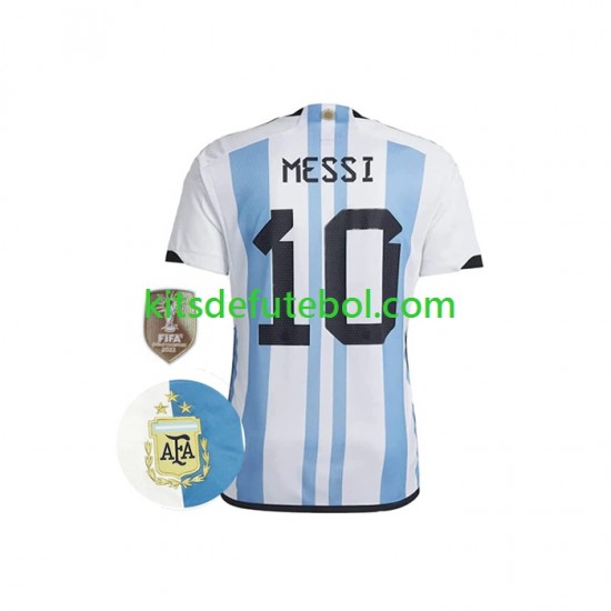 Camisola Seleção da Argentina Messi 10 3 Stars Homem Equipamento principal Mundial 2022 Mangas Curtas