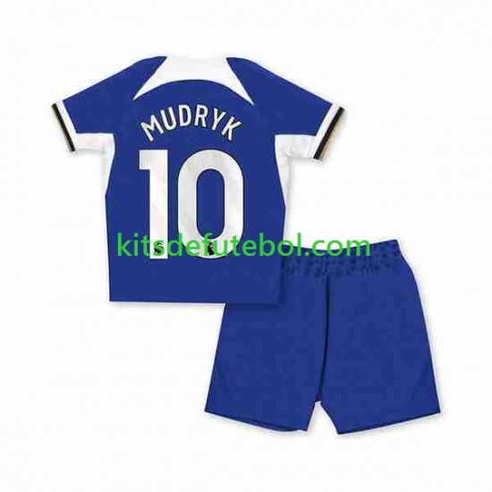 Camisola Chelsea Mykhaylo Mudryk 10 Criança Equipamento principal 2023-2024 Mangas Curtas