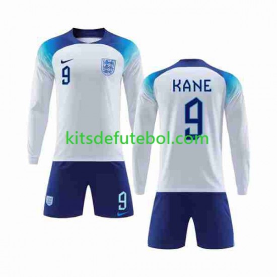 Camisola Seleção da Inglesa Kane 9 Criança Equipamento principal Mundial 2022 Mangas Compridas