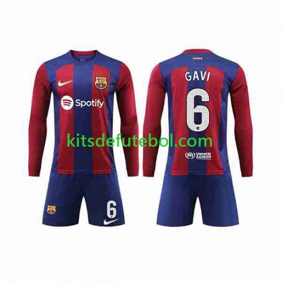 Camisola FC Barcelona GAVI 6 Criança Equipamento principal 2023-2024 Mangas Compridas