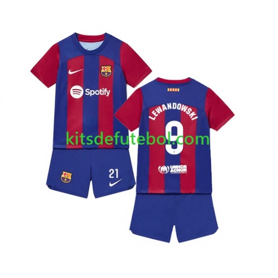 Camisola FC Barcelona Robert Lewandowski 9 Criança Equipamento principal 2023-2024 Mangas Curtas