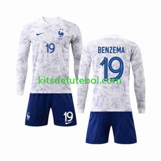 Camisola Seleção da Francesa Benzema 19 Criança Equipamento alternativo Mundial 2022 Mangas Compridas