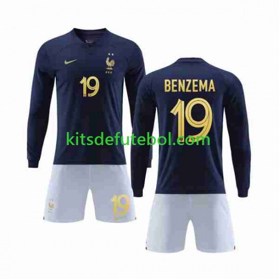Camisola Seleção da Francesa Benzema 19 Criança Equipamento principal Mundial 2022 Mangas Compridas
