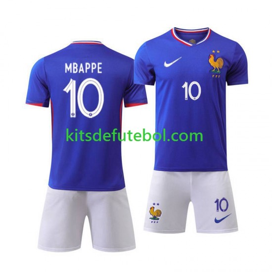 Camisola Seleção da Francesa Kylian Mbappe 10 Criança Equipamento principal Europeu 2024 Mangas Curtas