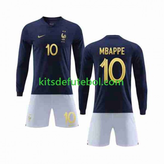 Camisola Seleção da Francesa Mbappe 10 Criança Equipamento principal Mundial 2022 Mangas Compridas