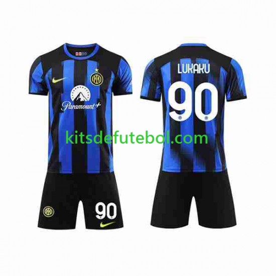 Camisola Inter de Milão Lukaku 90 Criança Equipamento principal 2023-2024 Mangas Curtas