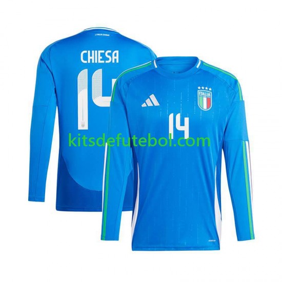 Camisola Seleção da Italiana Azul Chiesa 14 Homem Equipamento principal Europeu 2024 Mangas Compridas