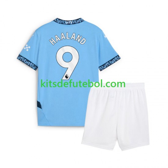 Camisola Manchester City Azul Erling Haaland 9 Criança Equipamento principal 2024-2025 Mangas Curtas