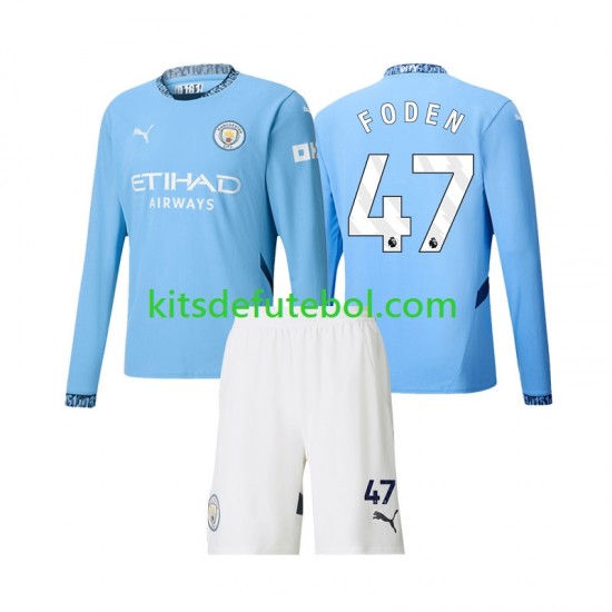 Camisola Manchester City Phil Foden 47 Criança Equipamento principal 2024-2025 Mangas Compridas