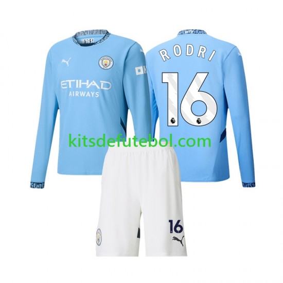 Camisola Manchester City Rodri 16 Criança Equipamento principal 2024-2025 Mangas Compridas