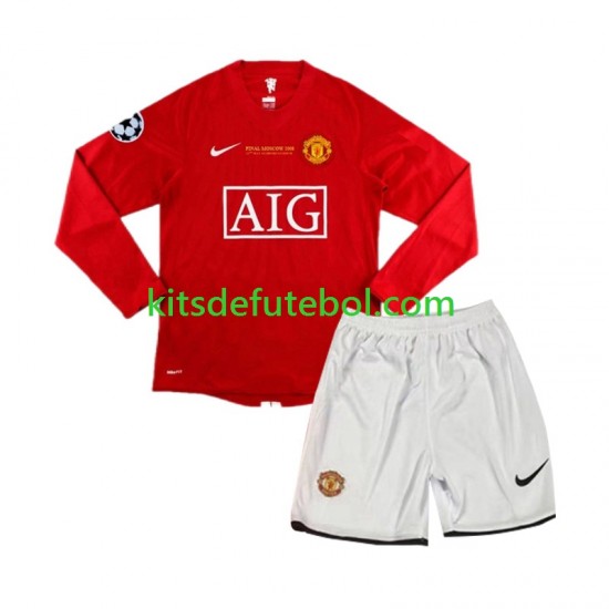 Camisola Retrô Manchester United Champion League Criança Equipamento principal 2007 Mangas Compridas