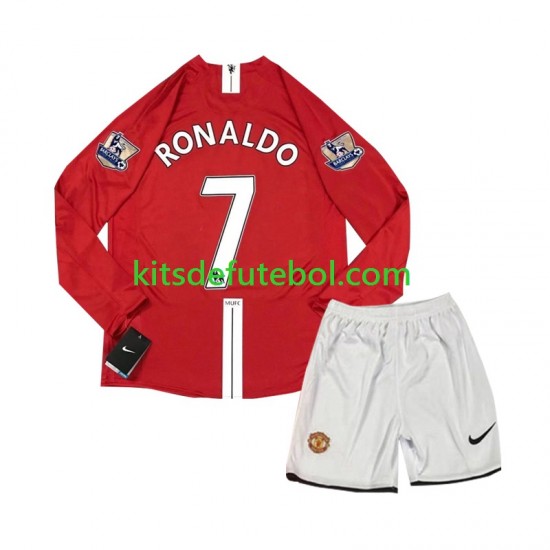 Camisola Retrô Manchester United Cristiano Ronaldo 7 Criança Equipamento principal 2007 Mangas Compridas