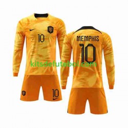 Camisola Seleção da Neerlandesa Memphis 10 Criança Equipamento principal Mundial 2022 Mangas Compridas