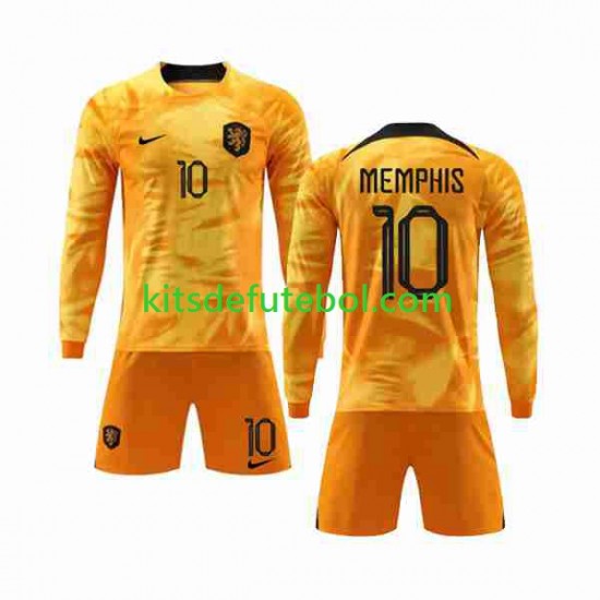 Camisola Seleção da Neerlandesa Memphis 10 Criança Equipamento principal Mundial 2022 Mangas Compridas