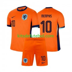 Camisola Seleção da Neerlandesa Memphis Depay 10 Criança Equipamento principal Europeu 2024 Mangas Curtas
