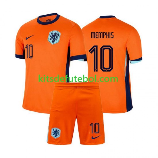 Camisola Seleção da Neerlandesa Memphis Depay 10 Criança Equipamento principal Europeu 2024 Mangas Curtas