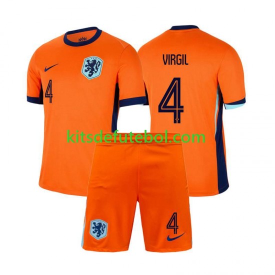 Camisola Seleção da Neerlandesa Virgil van Dijk 4 Criança Equipamento principal Europeu 2024 Mangas Curtas