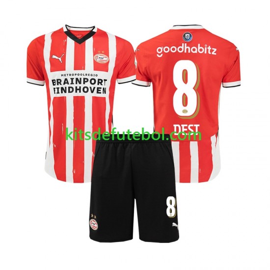 Camisola PSV Eindhoven Sergino Dest 8 Criança Equipamento principal 2024-2025 Mangas Curtas