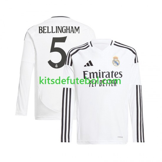 Camisola Real Madrid Branco Jude Bellingham 5 Homem Equipamento principal 2024-2025 Mangas Compridas
