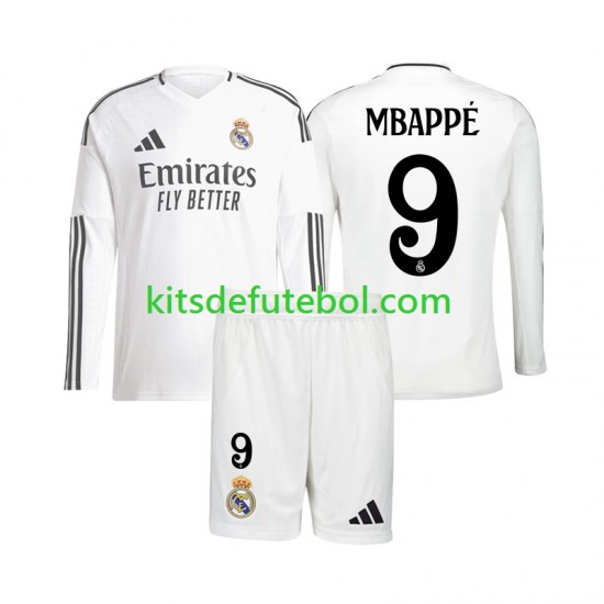 Camisola Real Madrid Kylian Mbappe 9 Criança Equipamento principal 2024-2025 Mangas Compridas
