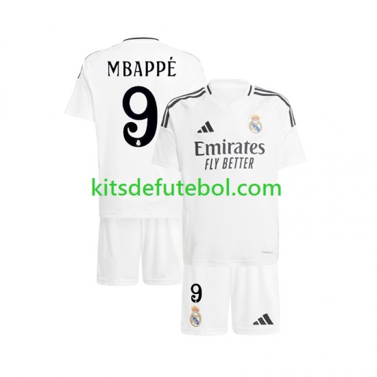 Camisola Real Madrid Branco Kylian Mbappe 9 Criança Equipamento principal 2024-2025 Mangas Curtas