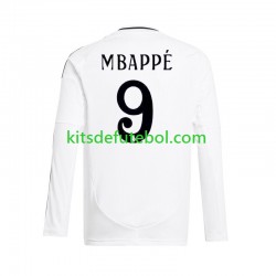 Camisola Real Madrid Branco Kylian Mbappe 9 Homem Equipamento principal 2024-2025 Mangas Compridas