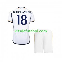 Camisola Real Madrid TCHOUAMENI 18 Criança Equipamento principal 2023-2024 Mangas Curtas