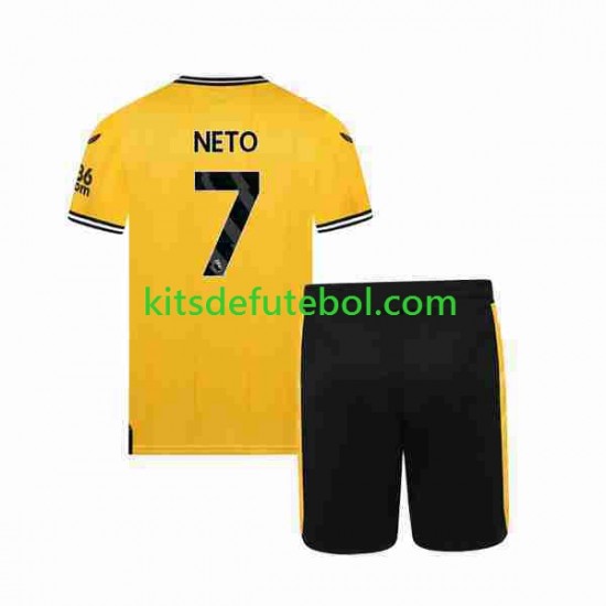 Camisola Wolverhampton Wanderers NETO 7 Criança Equipamento principal 2023-2024 Mangas Curtas