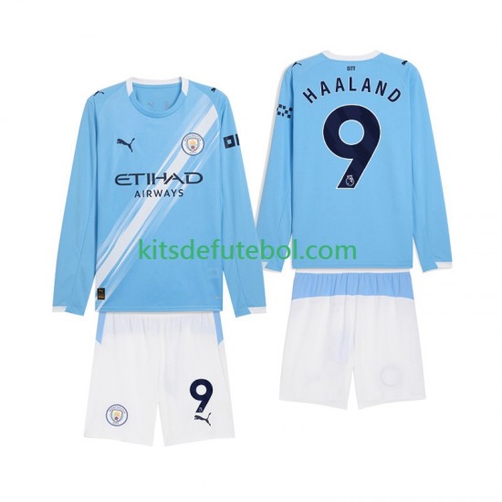 Camisola Manchester City Erling Haaland 9 Criança Equipamento principal 2025-2026 Mangas Compridas
