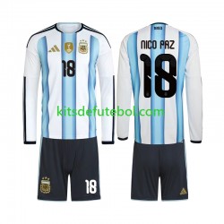 Camisola Seleção da Argentina Nico Paz 18 Criança Equipamento principal Mundial 2026 Mangas Compridas