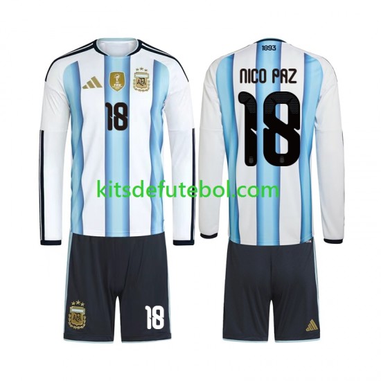 Camisola Seleção da Argentina Nico Paz 18 Criança Equipamento principal Mundial 2026 Mangas Compridas