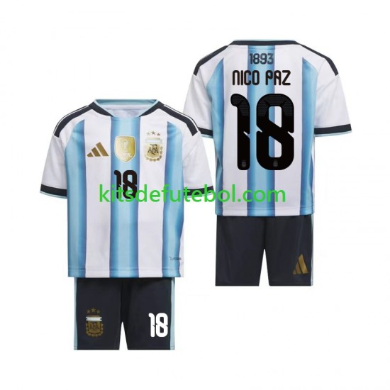 Camisola Seleção da Argentina Nico Paz 18 Criança Equipamento principal Mundial 2026 Mangas Curtas