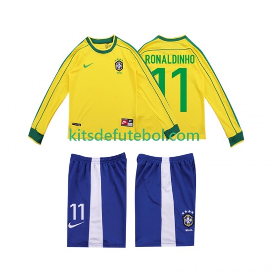 Camisola Retrô Seleção da Brasileira RONALDINHO 11 Criança Equipamento principal 1998 Mangas Compridas