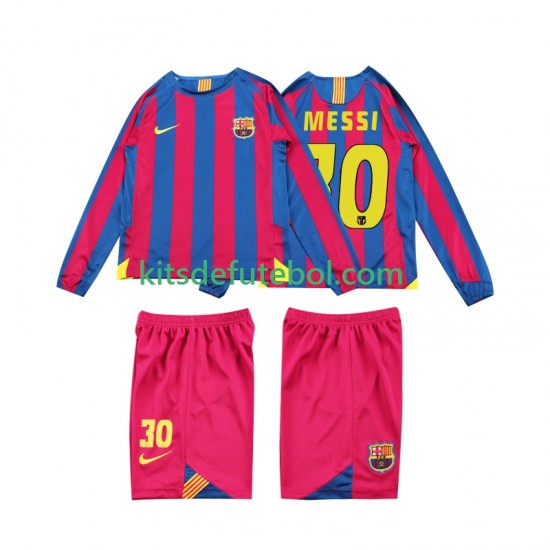 Camisola Retrô FC Barcelona Lionel Messi 10 Criança Equipamento principal 2005 2006 Mangas Compridas