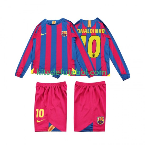 Camisola Retrô FC Barcelona RONALDINHO 10 Criança Equipamento principal 2005 2006 Mangas Compridas