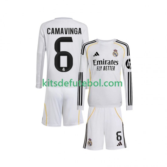 Camisola Real Madrid Camavinga 6 Criança Equipamento principal 2025-2026 Mangas Compridas