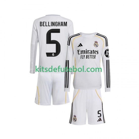 Camisola Real Madrid Jude Bellingham 5 Criança Equipamento principal 2025-2026 Mangas Compridas
